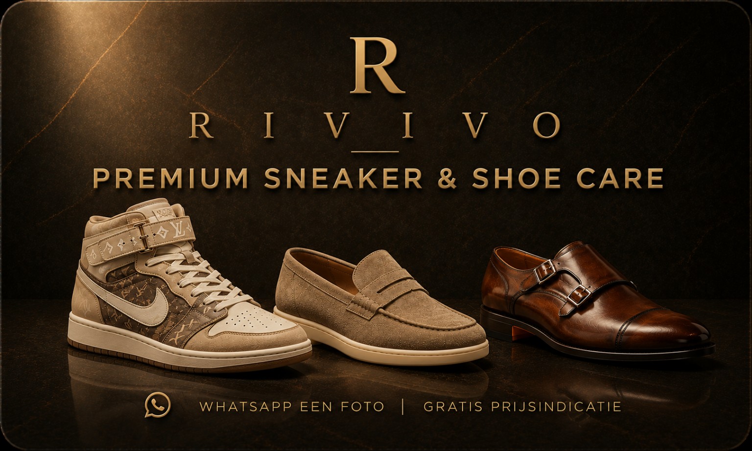 Het RIVIVO visitekaartje: premium sneaker en shoe care, met sneakers, loafers en een leren gespschoen